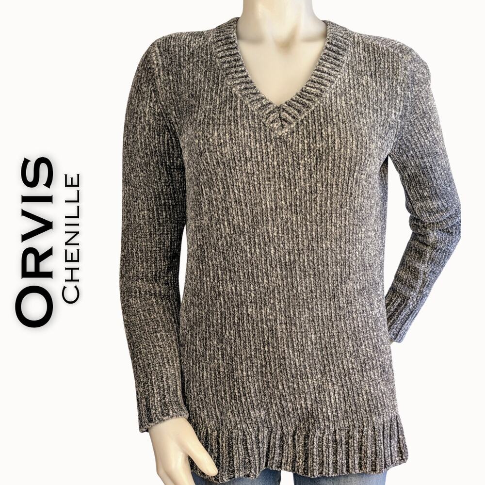 Orvis Womens Tunic Sweater Small Gray Heather Chenille Plush High Low V-Neck